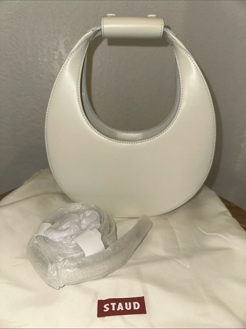 STAUD Crescent Mini Moon Leather Bag White